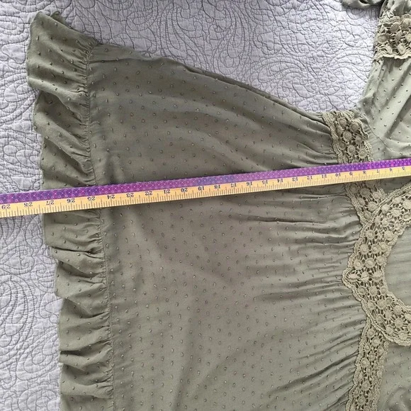 Womens L Peasant Babydoll Top Tunic Crochet Olive Green Cottage Boho Festival‎ - Picture 10 of 10